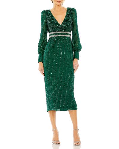 Mac Duggal Sequin Long Sleeve Midi Cocktail Dress - Green