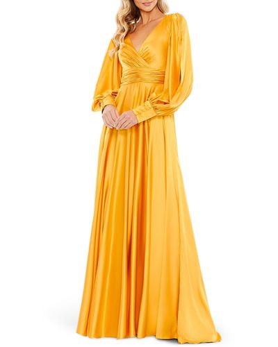 Mac Duggal Split Long Sleeve Satin A-line Gown - Yellow