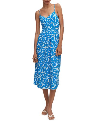 Mango Floral Seersucker Midi Dress - Blue