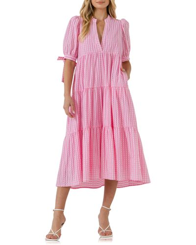English Factory Gingham Tiered Midi Dress - Pink