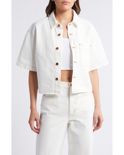 SLVRLAKE Denim Cara Short Sleeve Denim Crop Button-up Shirt - White