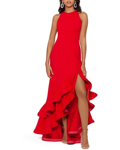 Betsy & Adam Ruffle Halter Crepe Gown - Red