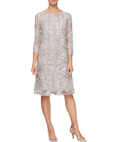 Alex Evenings Embroidered Overlay Cocktail Dress - Gray