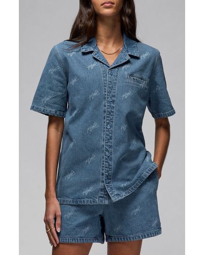 Nike Short Sleeve Denim Button-up Shirt - Blue