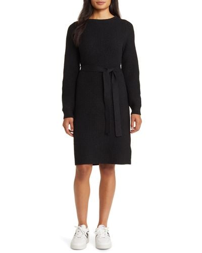 Caslon Caslon(r) Long Sleeve Belted Sweater Dress - Black