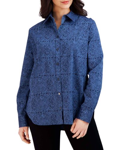 Foxcroft Croc Pattern Button-up Shirt - Blue