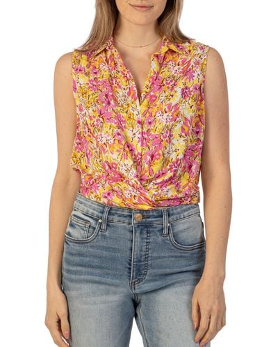 Kut From The Kloth Renata Floral Front Twist Sleeveless Button-up Top - Blue