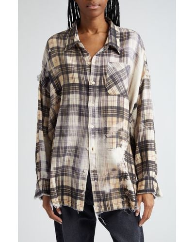 R13 Shredded Seam Bleached Plaid Oversize Cotton Flannel Button-up Shirt - Multicolor