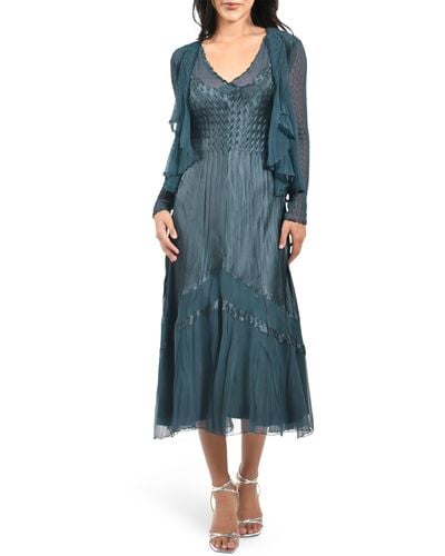 Komarov Ruffle Charmeuse & Chiffon Cocktail Dress With Jacket - Blue