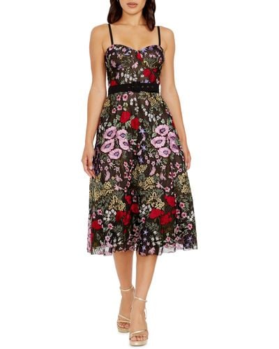 Dress the Population Carlita Floral Embroidery Bustier Midi Dress - Red