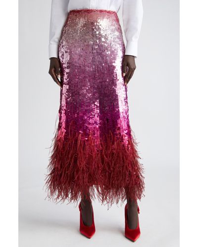 Valentino Gradient Sequin Feather Detail Midi Skirt - Red