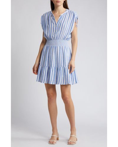 Rails Samina Stripe Smocked Linen Blend Dress - Blue