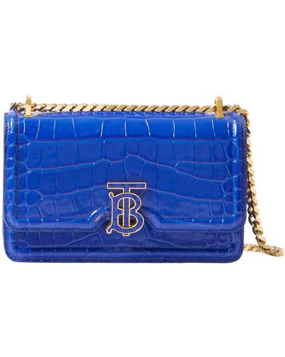 Burberry Mini Tb Croc Embossed Patent Leather Shoulder Bag - Blue