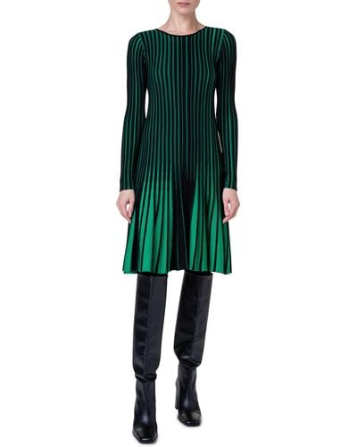 Akris Punto Stripe Long Sleeve Merino Wool Rib Sweater Dress - Green
