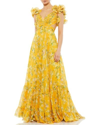 Mac Duggal Floral Chiffon Cutout Ballgown - Yellow