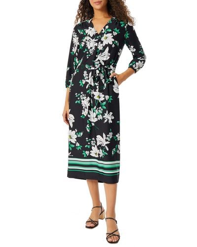 Jones New York Floral Belted Three-quarter Sleeves Midi Dress - Green