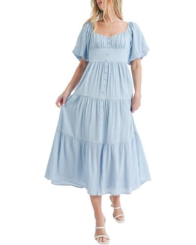 All In Favor Puff Sleeve Tiered Midi Dress In At Nordstrom, Size X-small - Blue