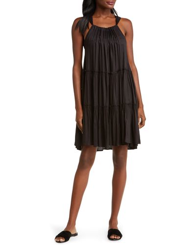 Elan Ruched Tiered Cover-up Swing Dress - Black