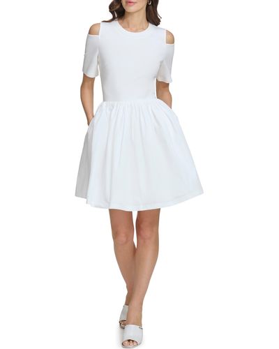 DKNY Mixed Media Poplin Fit & Flare Dress - White