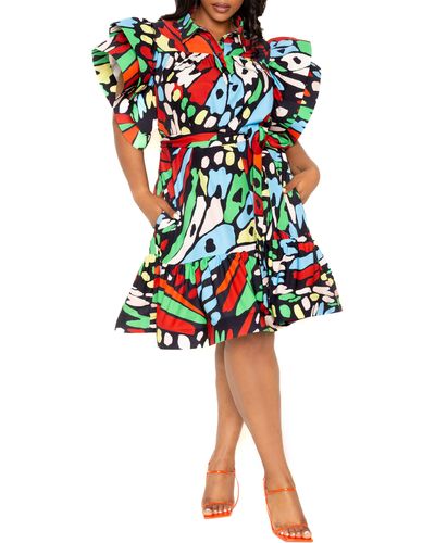 Buxom Couture Butterfly Print Ruffle Tie Waist Dress - Red