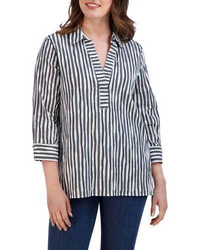 Foxcroft Sophie Crinkle Stripe Cotton Blend Popover Shirt - Black