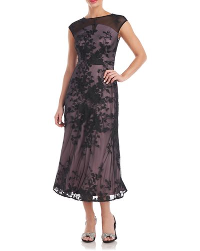 JS Collections Melissa Floral Embroidered Tulle Midi Dress - Multicolor