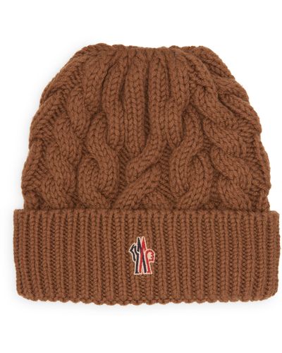 3 MONCLER GRENOBLE Logo Embroidered Virgin Wool Cable Beanie - Brown