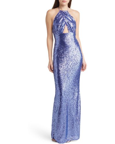 Lulus Shimmering Dream Sequin Halter Gown - Blue