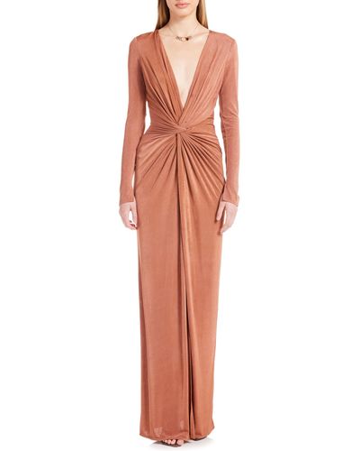 Katie May In A Mood Ruched Cutout Long Sleeve Gown - Orange
