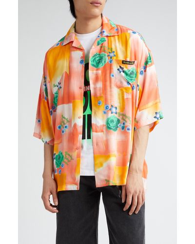 Martine Rose Gender Inclusive Floral Patchwork Boxy Satin Button-up Camp Shirt - Orange