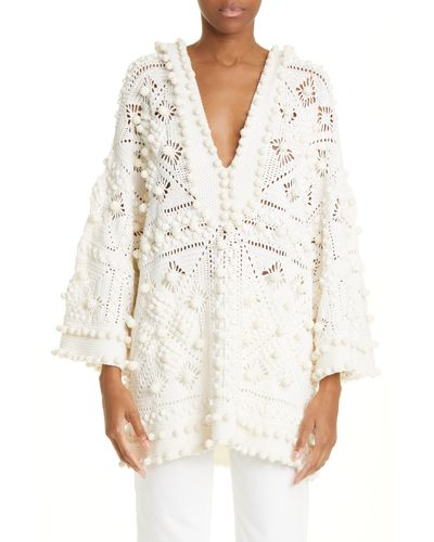 Zimmermann Wonderland Crochet Long Sleeve Hooded Cotton Sweater - White