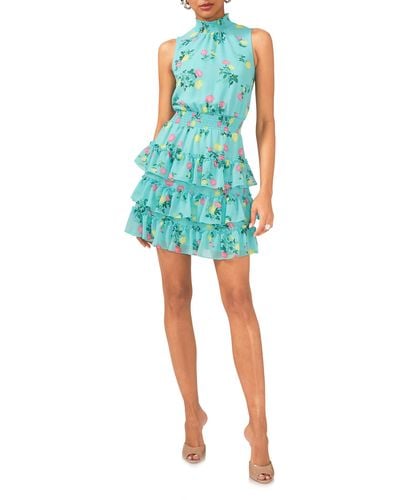 1.STATE Floral Smock Neck Sleeveless Fit & Flare Dress - Blue