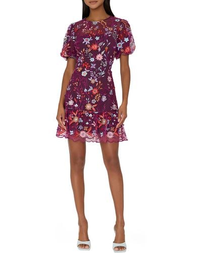 MILLY Yasmin Floral Embroidered Puff Sleeve Mesh Fit & Flare Dress