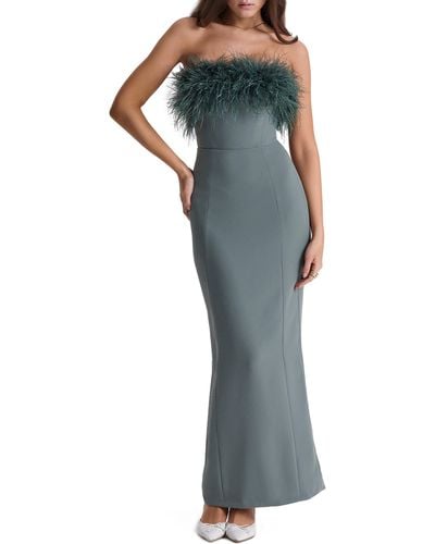 House Of Cb Juliene Strapless Feather Bodice Crepe Cocktail Dress - Blue