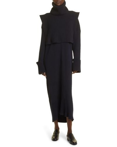 The Row Elodie V-neck Long Sleeve Cotton Rib Sweater Dress - Black