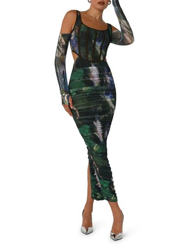 BY.DYLN By. Dyln Aria Abstract Print Cold Shoulder Long Sleeve Mesh Dress - Green