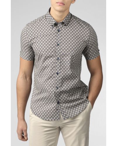 Ben Sherman Deco Print Short Sleeve Button-down Shirt - Gray
