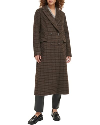 Levi's Houndstooth Check Double Breasted Long Coat - Brown
