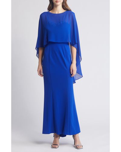 Marina Rhinestone Trim Gown With Capelet - Blue