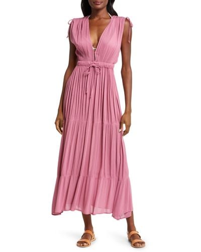 Elan Ruched Tiered Cover-up Maxi Dress - Pink