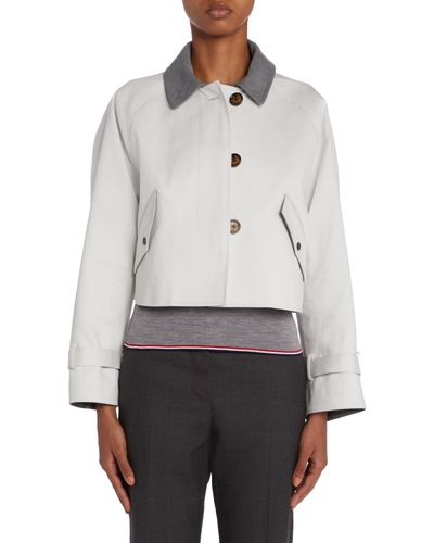 Thom Browne Crop Cotton Car Coat With Removable Tie Detail Hood - Gray