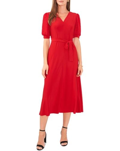 Chaus Clip Dot Puff Sleeve Tie Front Midi Dress - Red