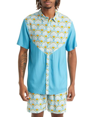 Native Youth Print Short Sleeve Button-up Shirt - Blue