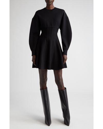 Alexander McQueen Lantern Sleeve Corset Detail Wool Blend Minidress - Black