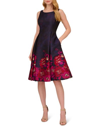 Adrianna Papell Metallic Floral Border Brocade Fit & Flare Cocktail Dress - Red