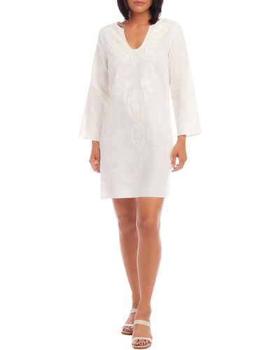 Karen Kane The St. Barts Embroidered Long Sleeve Linen Blend Dress - White