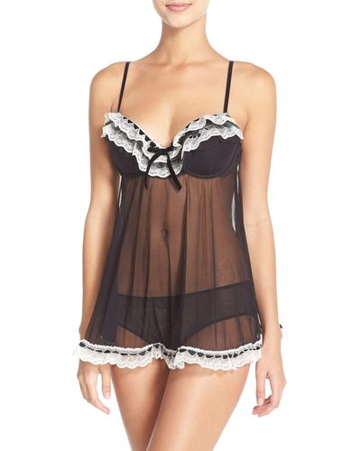 Black Bow Bow 'ruffles Galore' Underwire Chemise & Hipster Briefs At Nordstrom - Black