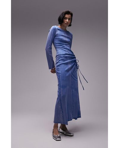 TOPSHOP Acid Wash Ruched Long Sleeve Knit Midi Dress - Blue