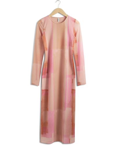 & Other Stories & Abstract Print Long Sleeve Mesh Midi Dress - Pink