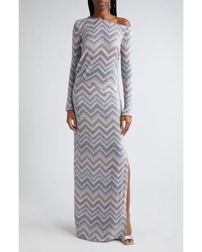 Missoni Sparkly Sequin Long Sleeve Chevron Knit Gown - Gray